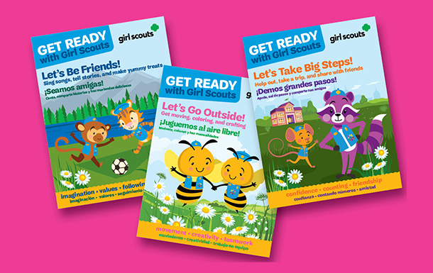 Graphic of Girl Scout volunteer with Troop Year Plan pages